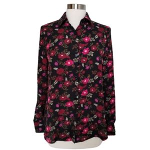 Philosophy Blouse Medium Black Floral Button Down Long Sleeve Top
